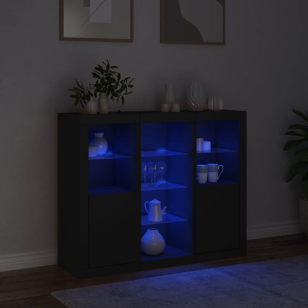 Sideboards mit LED-Leuchten 3 Stk. Schwarz Holzwerkstoff